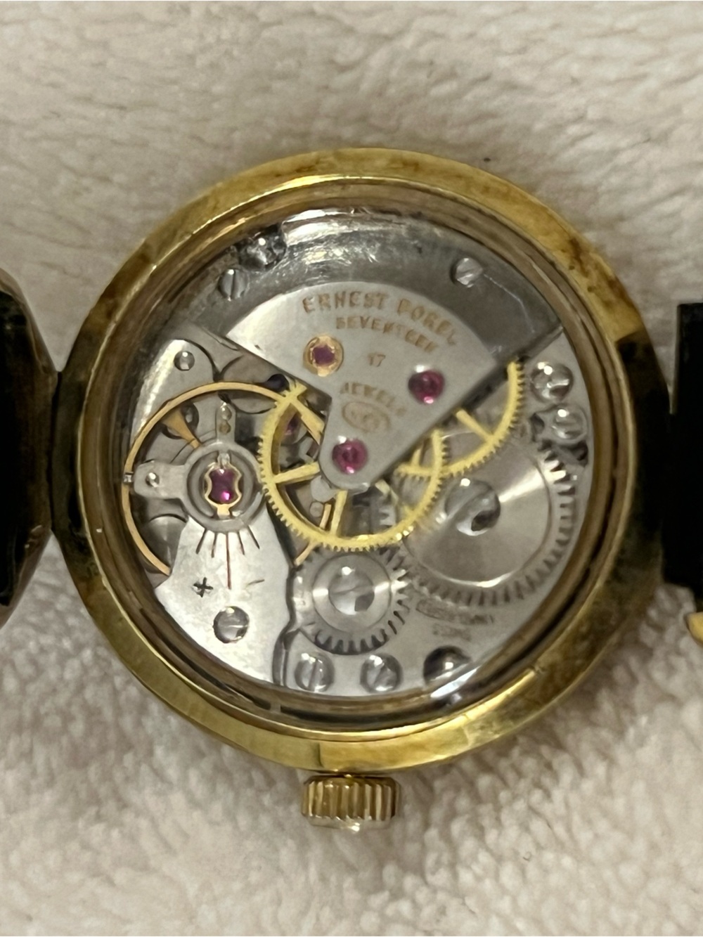 💚Ernest Borel 26 Gold-Plated 17 Jewel Kaleidoscope Watch w/ Black Leather
Band🩷